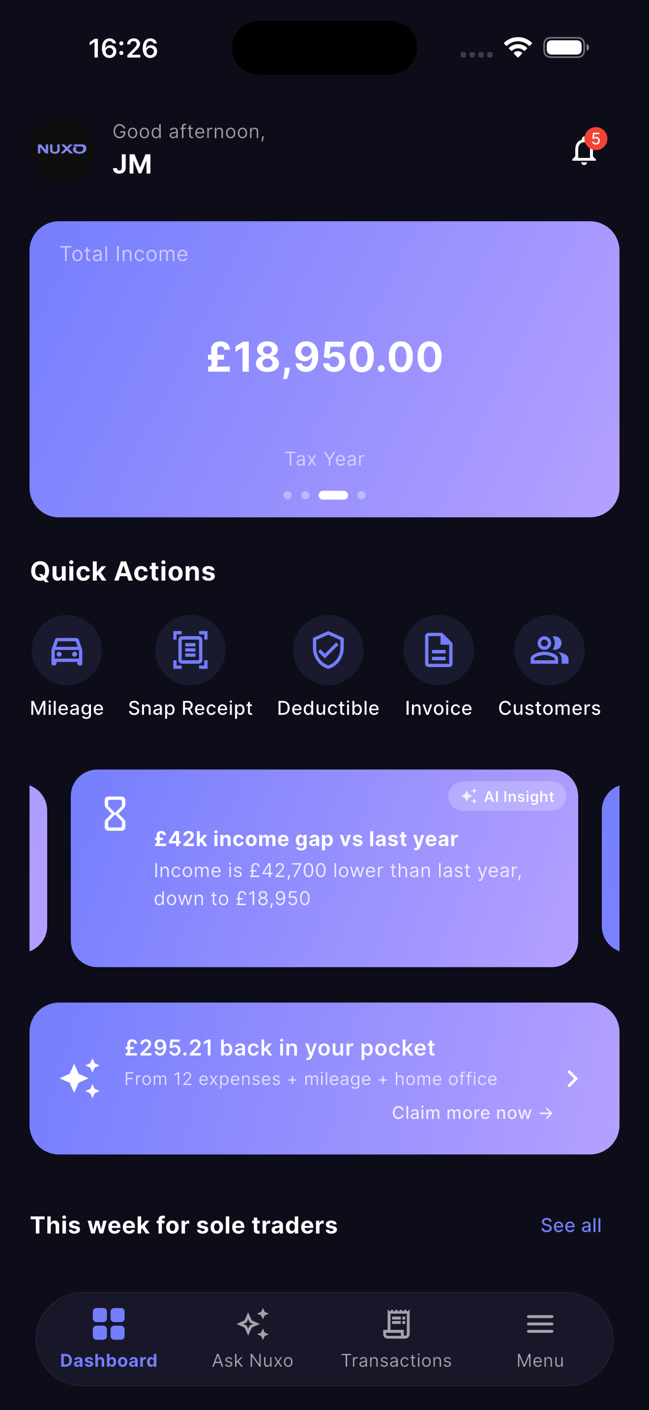 Nuxo Tax dashboard showing live tax estimate and AI insights