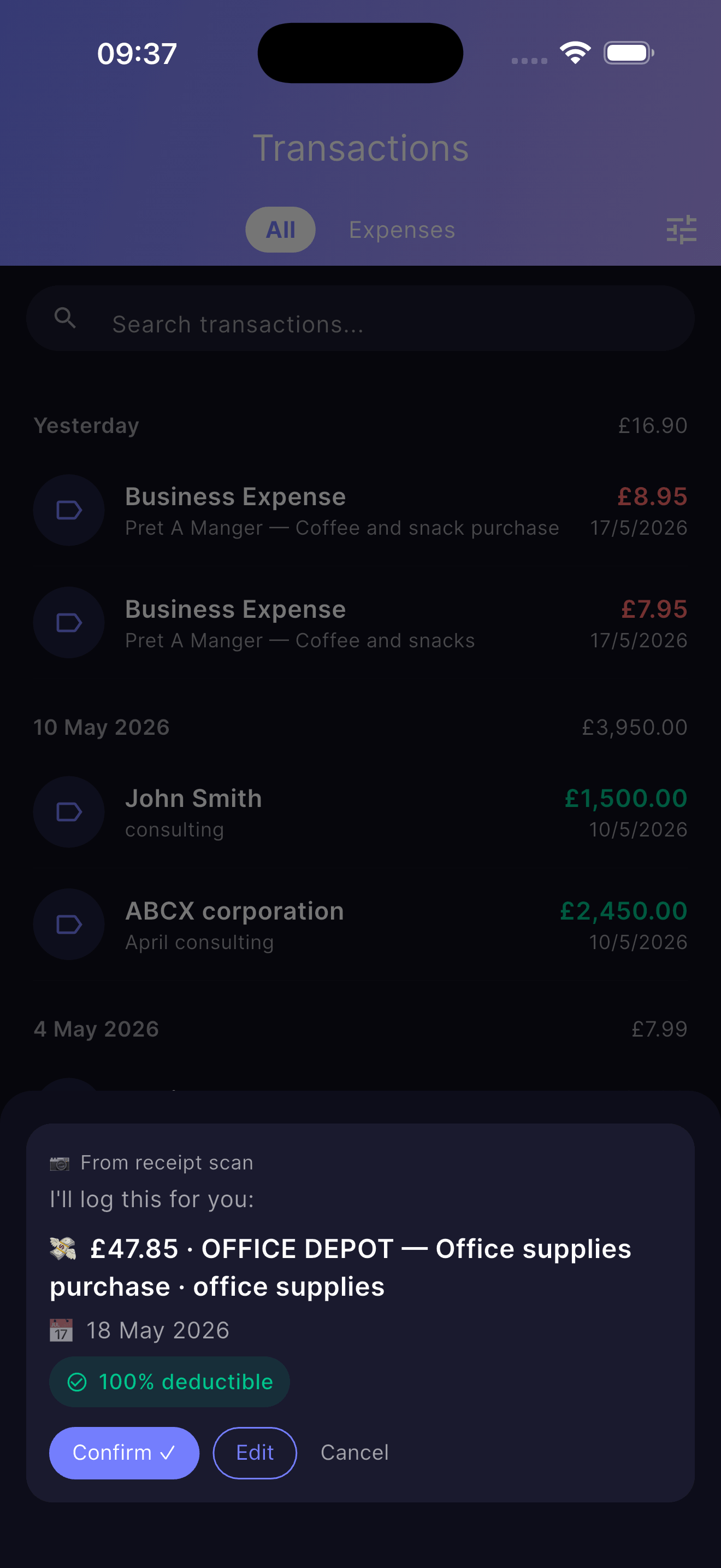 Receipt being scanned and auto-categorised against HMRC codes